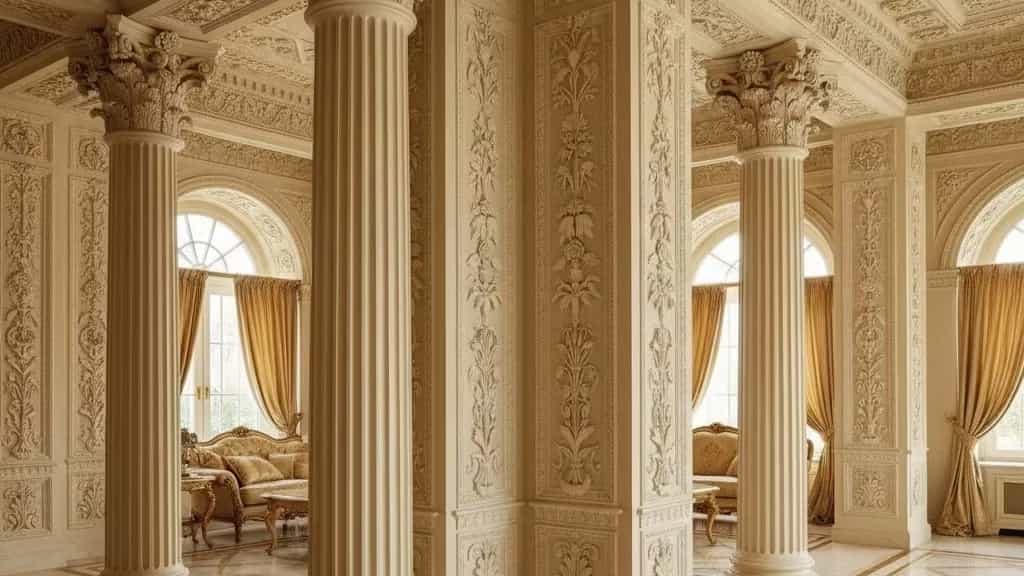 گچبری تزئینی ستون‌ها و کنج دیوار با دیتیل دقیق